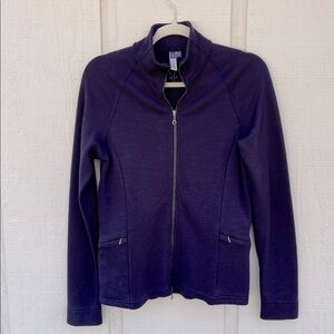 Ibex Merino Wool Zip Up Jacket Sweater Size Medium Purple Zip Pockets High Neck